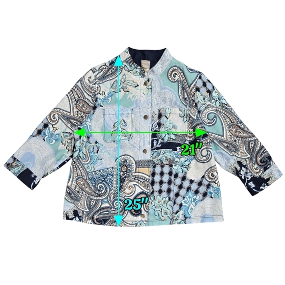 Chico's 100% Linen Blue Floral Paisley Reversible Snap Lightweight Jacket Boho - Picture 5 of 10